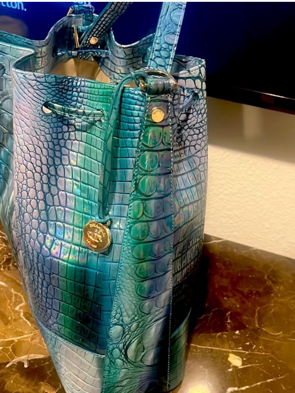 BRAHMIN MARLOWE BLUE TOPAZ CROCO EMBS LEATHER BUCKET SHOULDER BAG - Picture 3 of 9